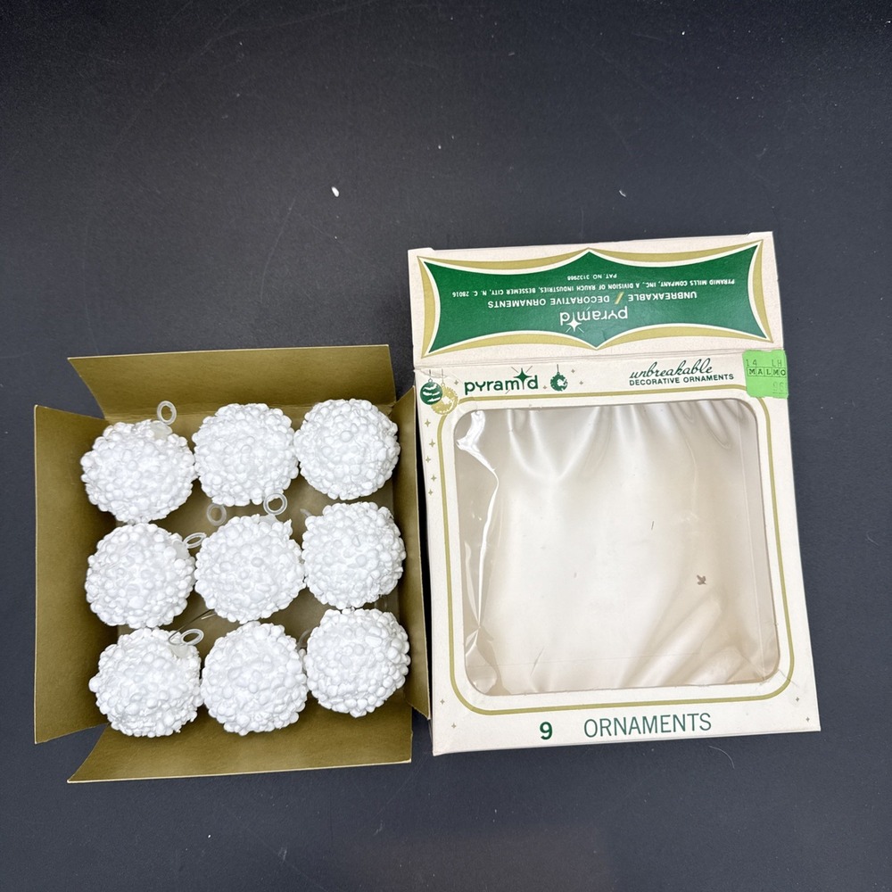 9 - Vtg Pyramid Unbreakable Decorative White Snowball Christmas Ornaments - HTF